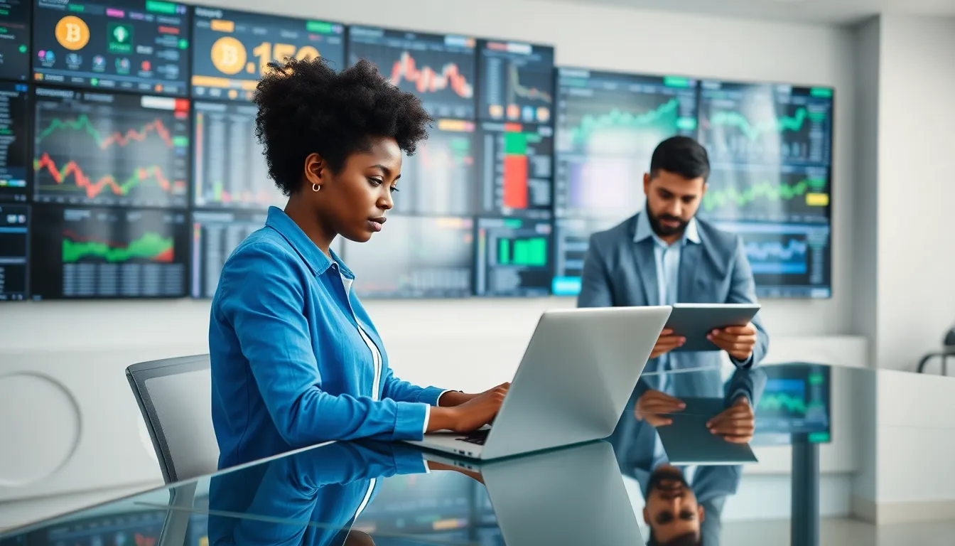 diverse professionals engaged in cryptocurrency trading at a modern workspace.