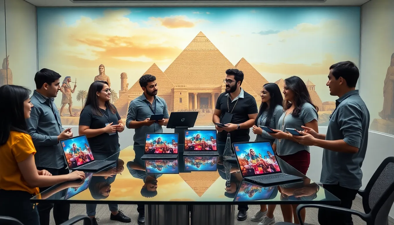 diverse game developers discussing Ancient Egyptian themes in a modern studio.