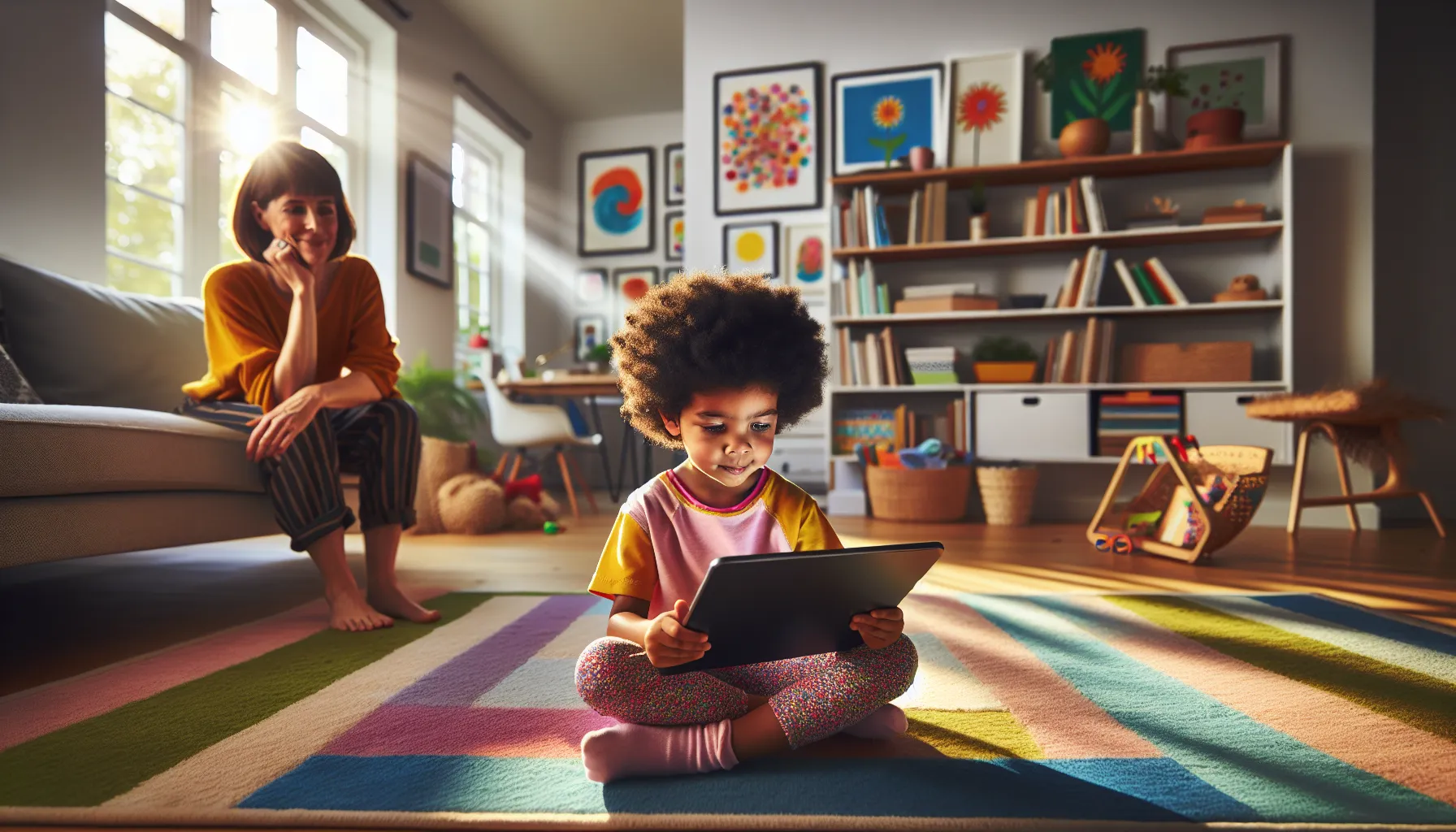 A young girl using a tablet in a bright, modern living room.