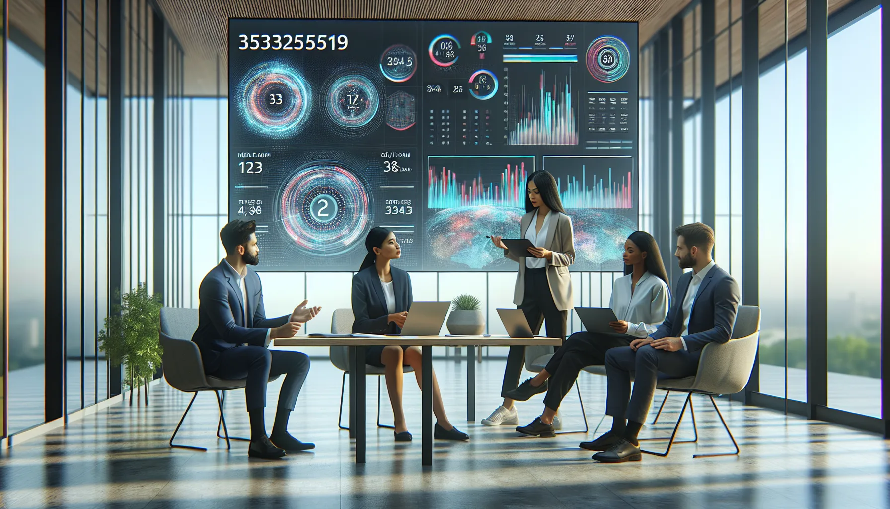 diverse team analyzing data in a modern office setting.