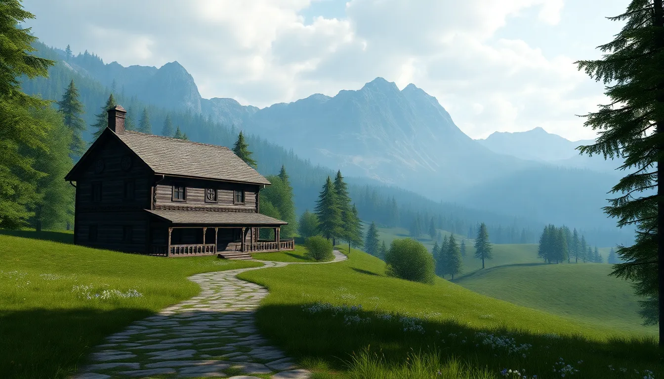 Heljarchen Hall in a lush Skyrim landscape.