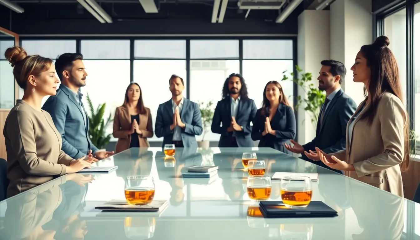 diverse professionals practicing mindfulness in a modern office.