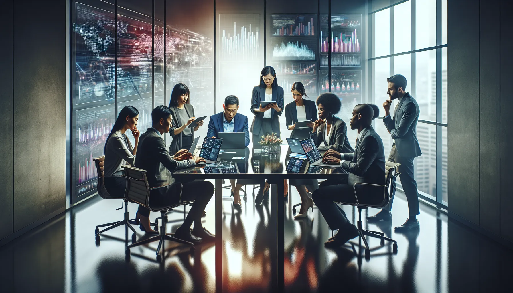 diverse team discussing digital challenges in a modern conference room.