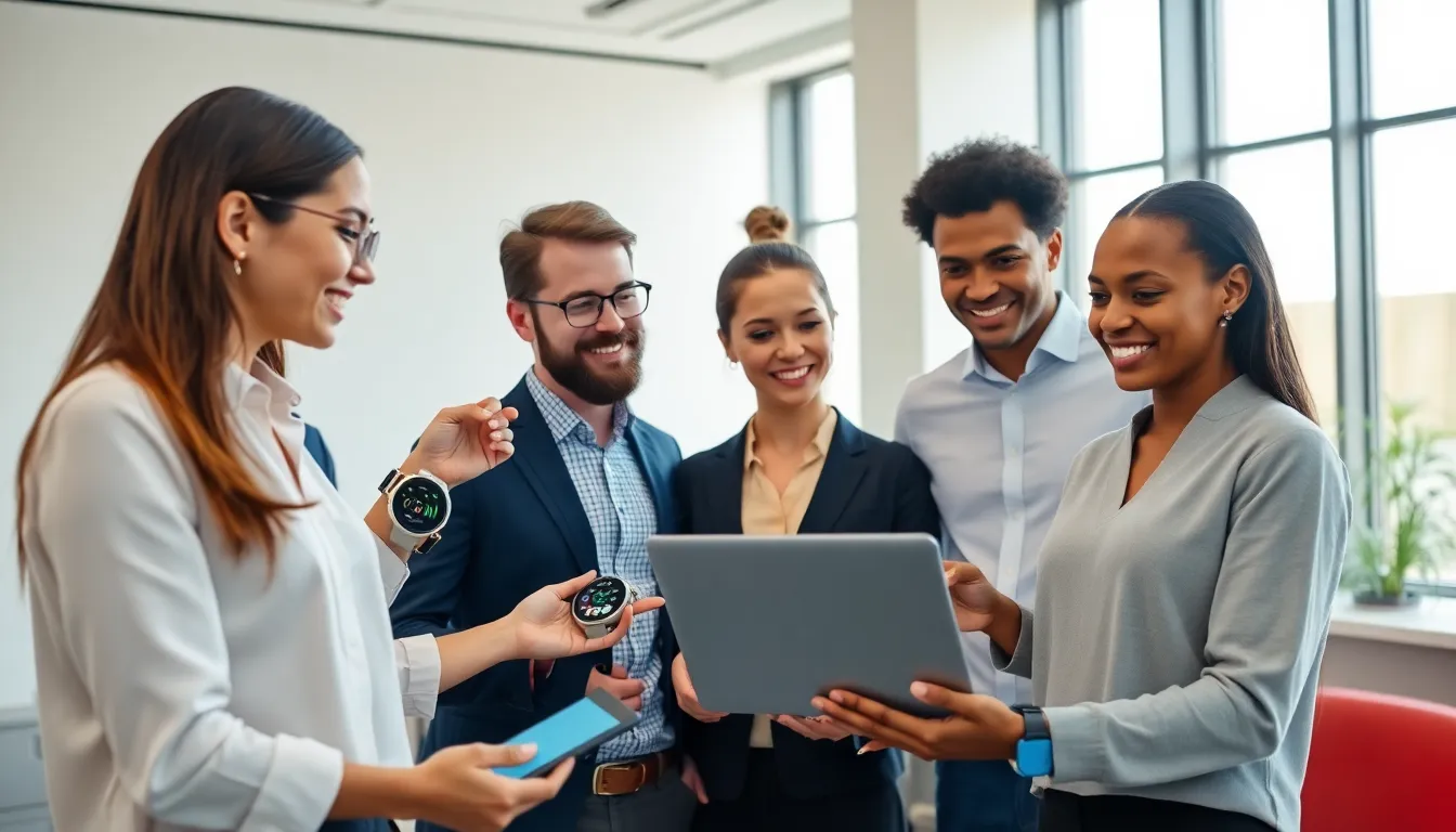 professionals collaborating on IoT wearables in a modern office.