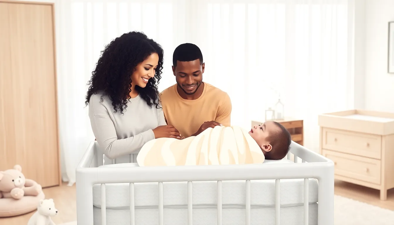 diverse parents engaging with their swaddled baby in a cozy nursery.