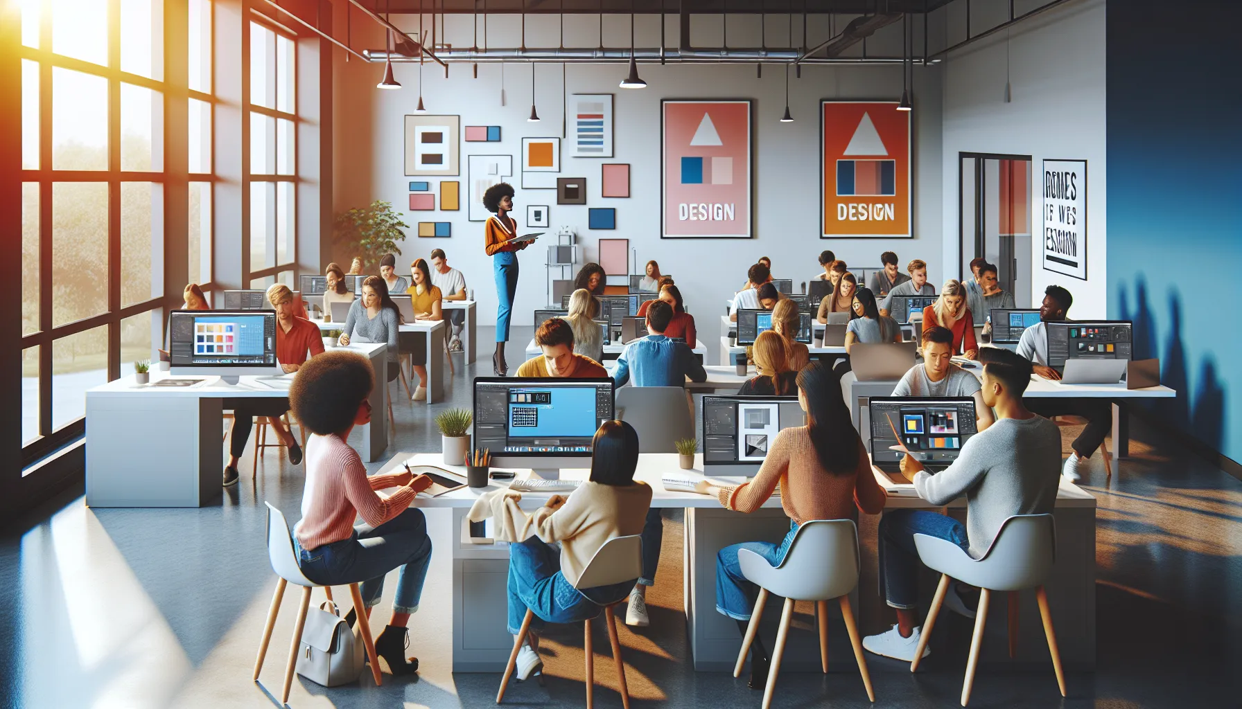 students learning Photoshop skills in a modern classroom.