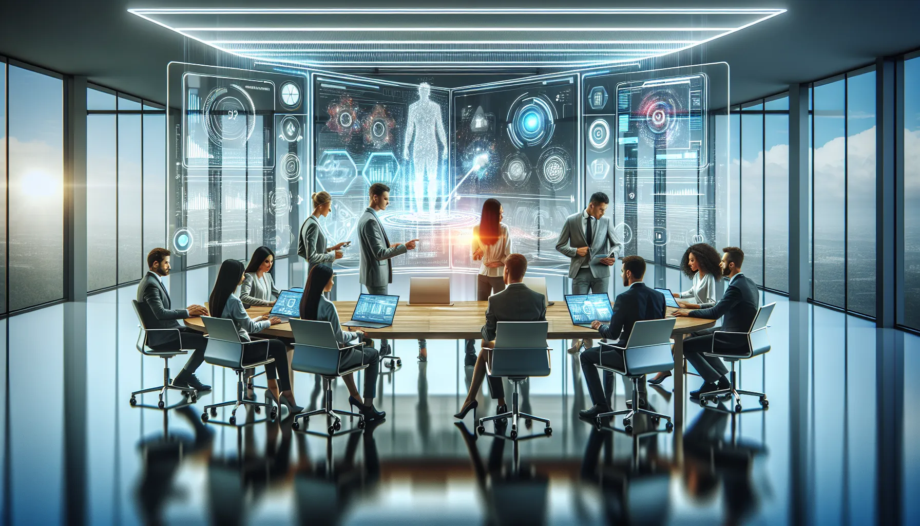 diverse professionals collaborating in a modern digital workspace.