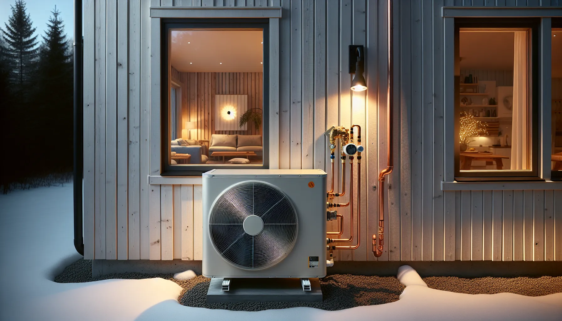 Inverter heat pump outside norwegian home with frosted coil and warm interior.