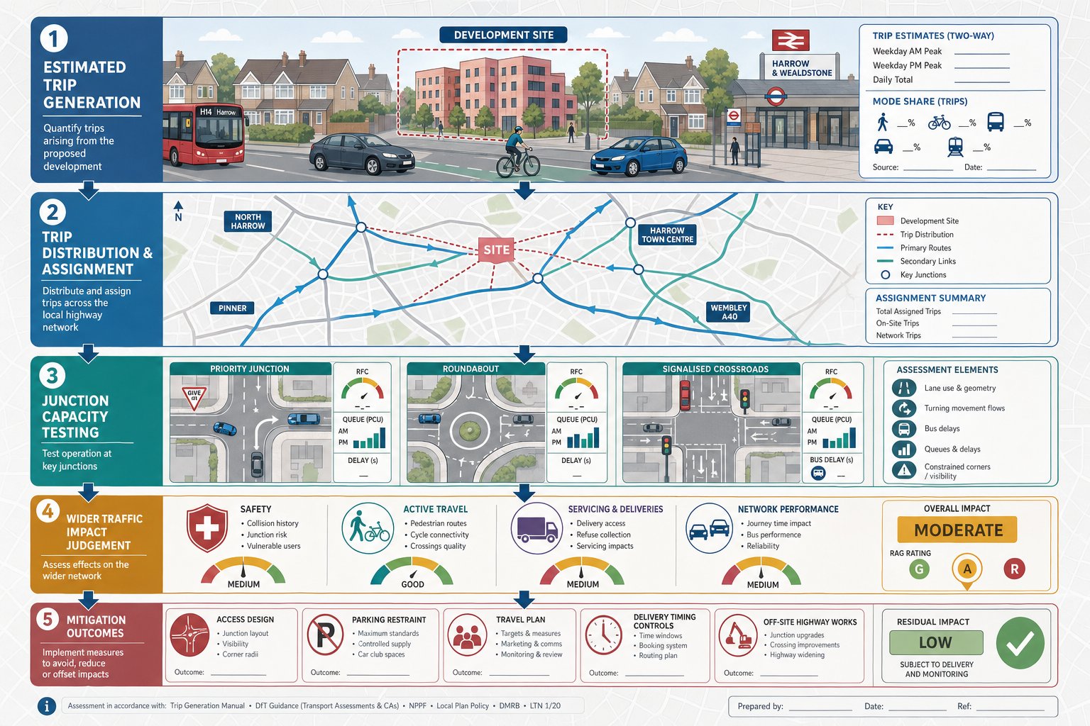 Infographic of trip generation, junction testing, and traffic impact assessment stages.