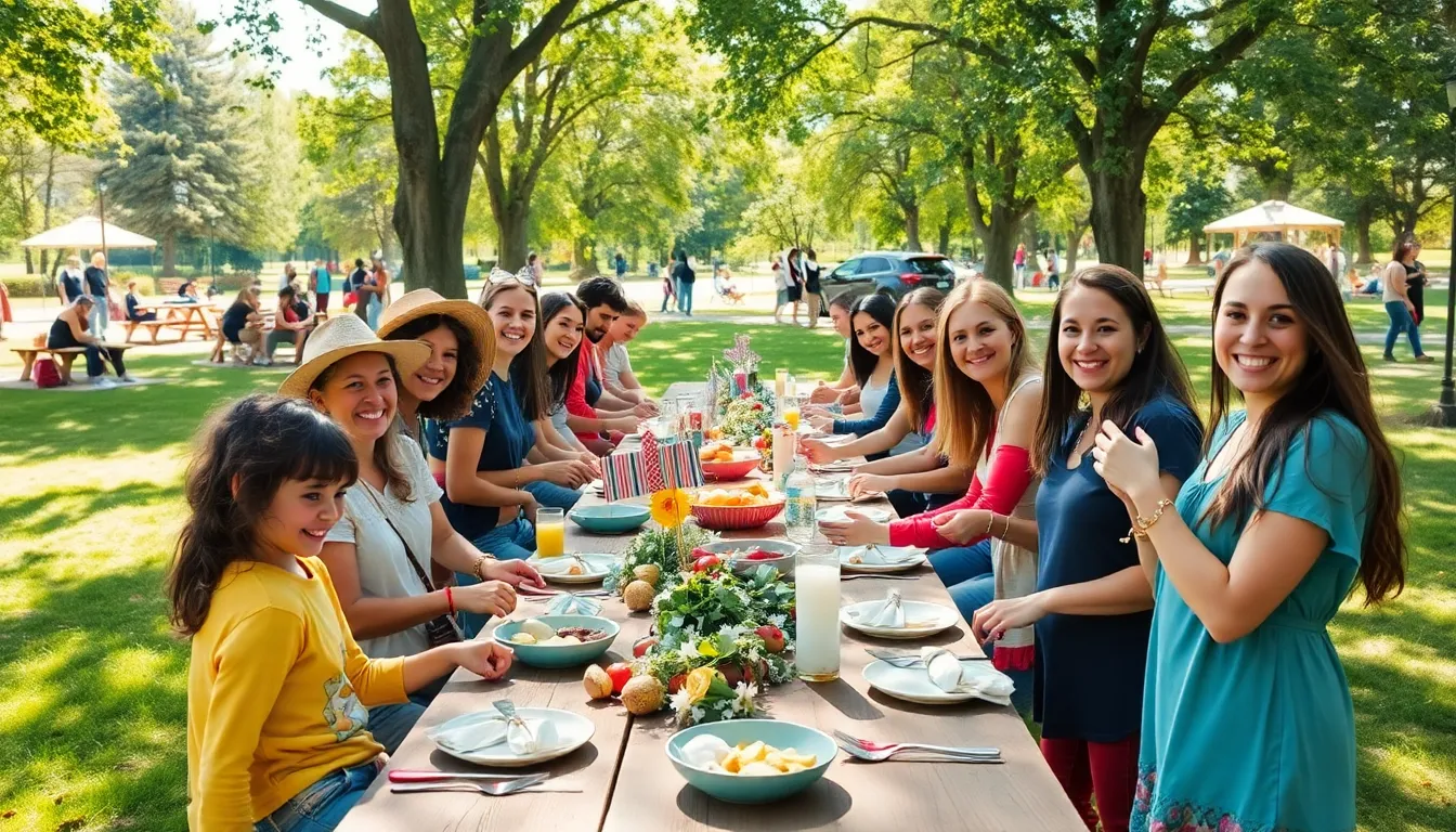 Community gathering in a park celebrating a thrifty event.
