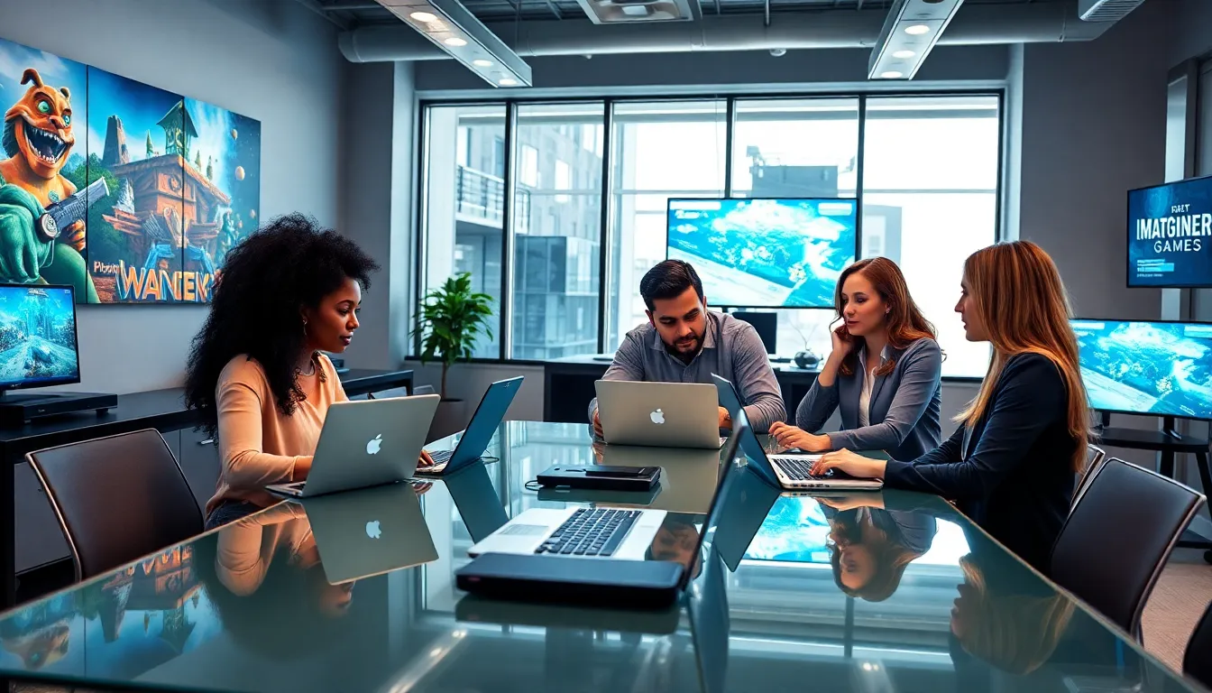 diverse team reviewing game designs in a modern office.