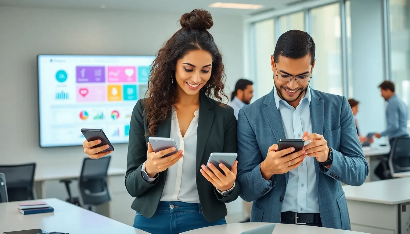 diverse professionals engaging with the iTouch Wearables app in a modern office.