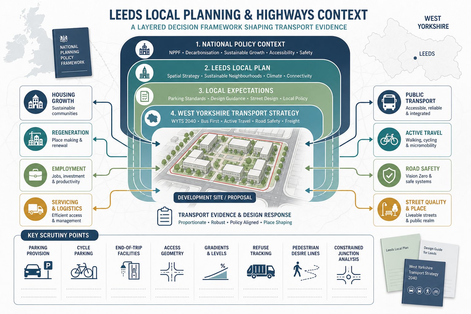 Layered infographic of Leeds transport planning factors for a development site.