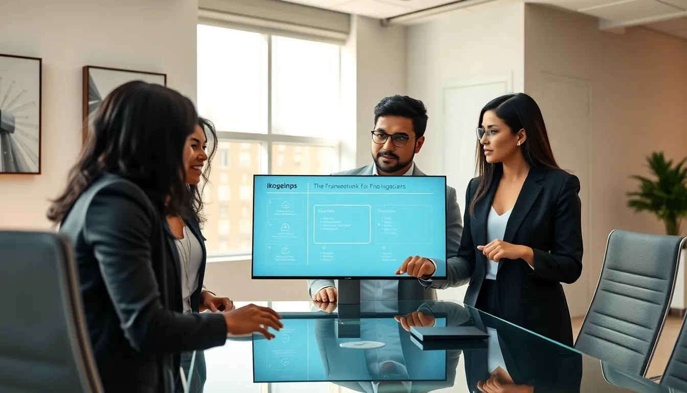 diverse professionals collaborating over a digital tool in a modern office.