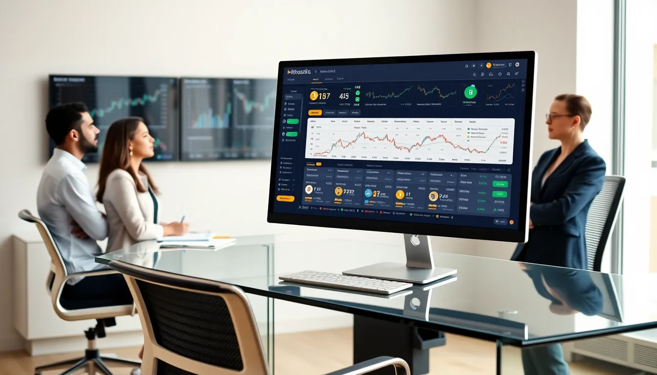 Modern workspace showcasing a cryptocurrency exchange interface with diverse professionals.