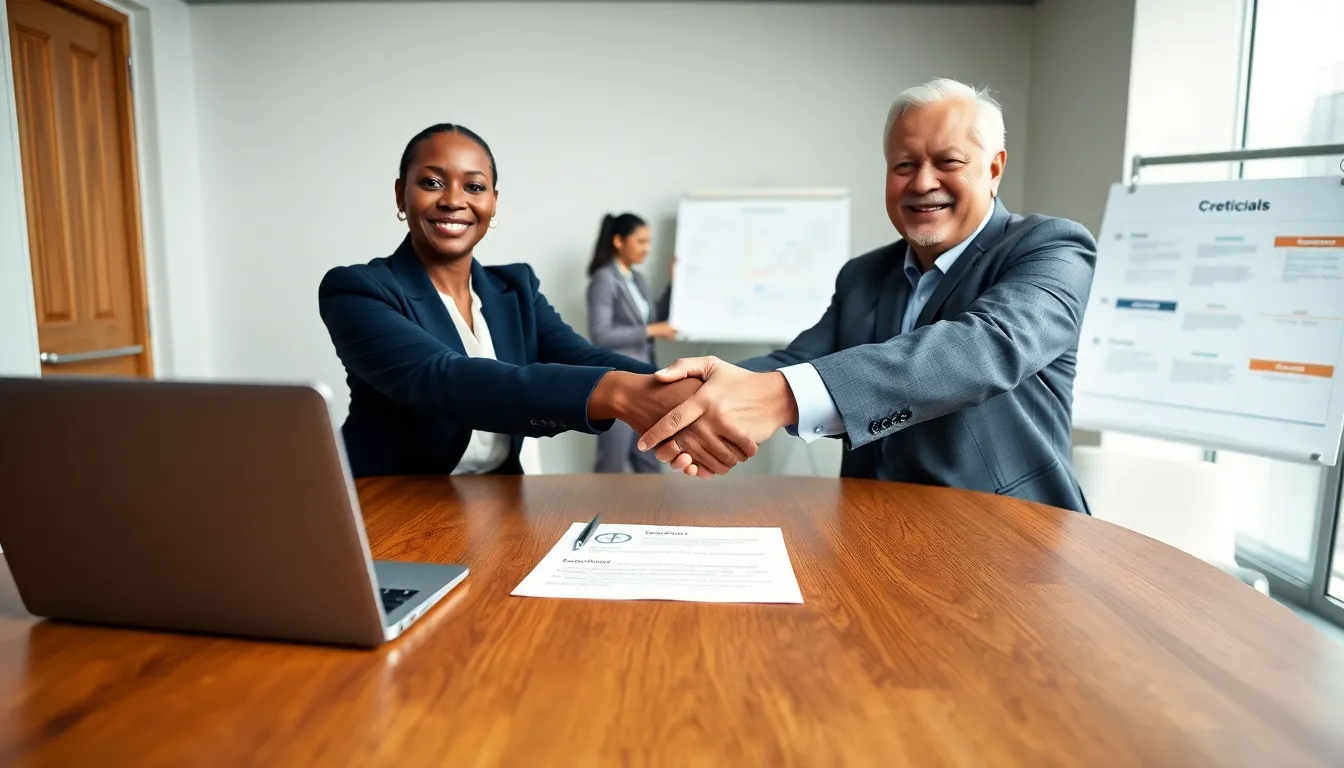 Business handshake over a verified contract in a modern office.