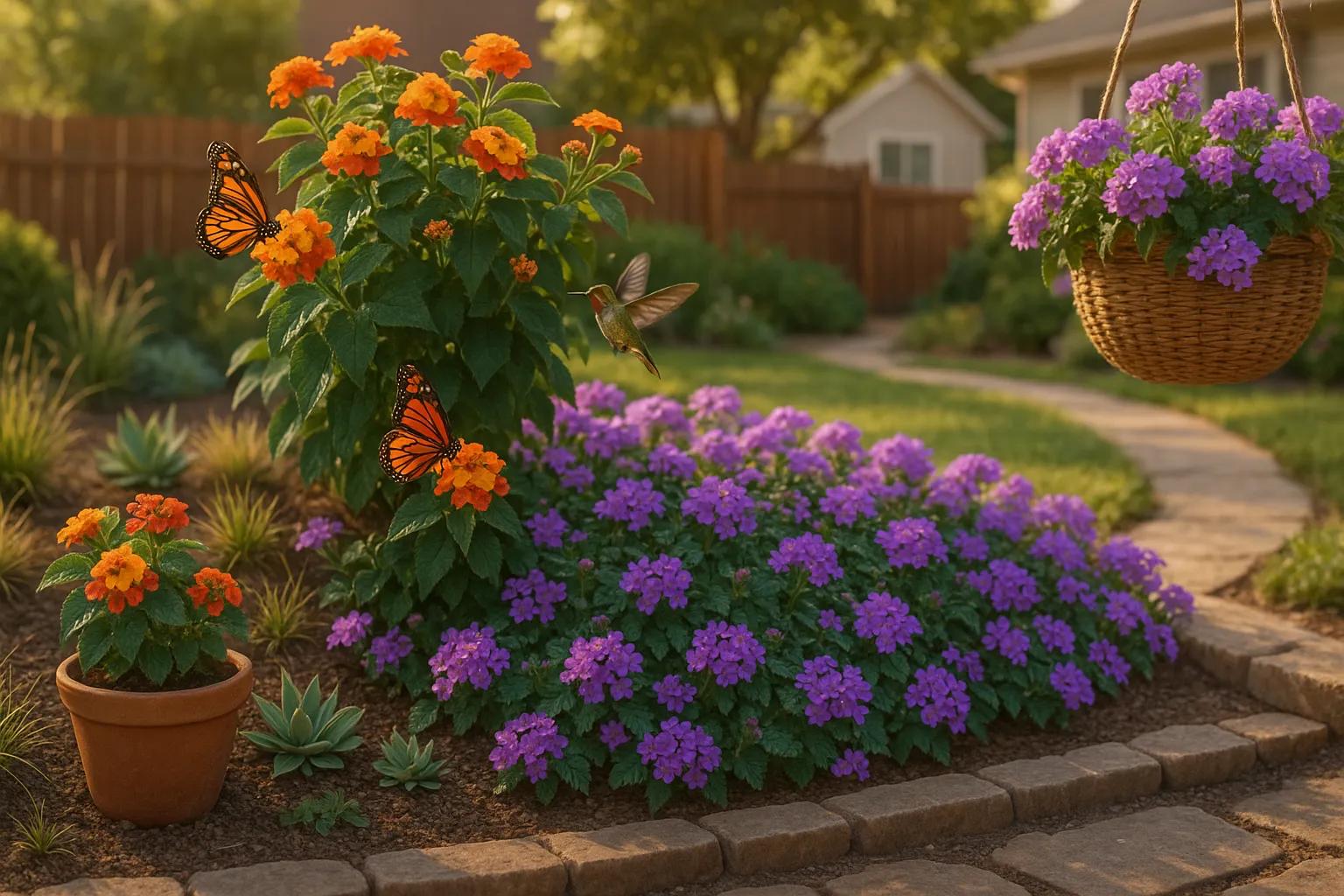 Layered garden bed with lantana at back and trailing verbena in front attracting pollinators.