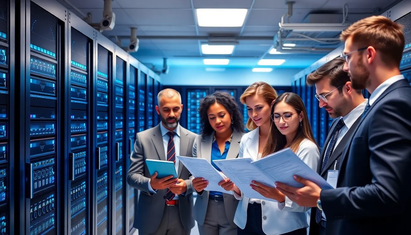 diverse IT team discussing HIPAA compliance in a modern server room.