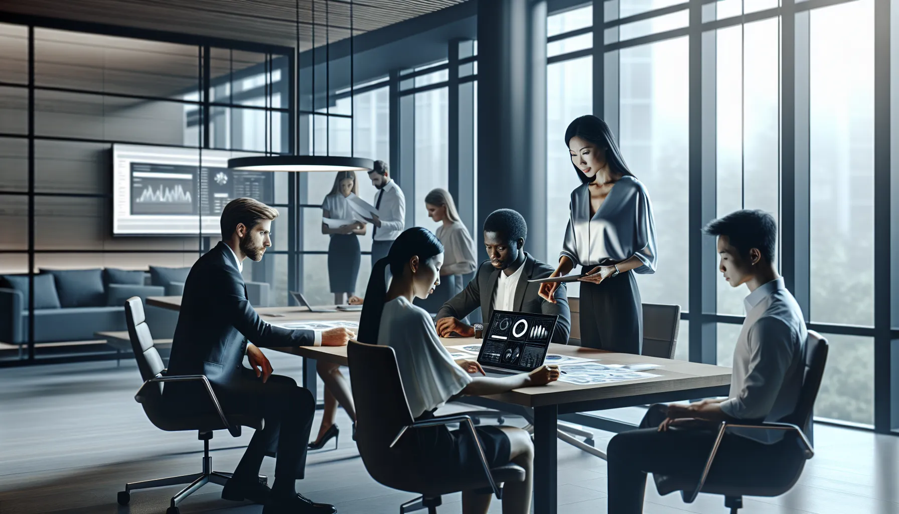 diverse professionals discussing communication security in a modern office.