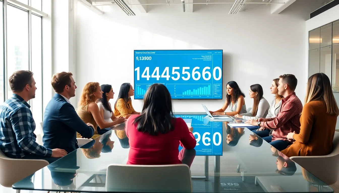 diverse team discussing data in a modern office setting.