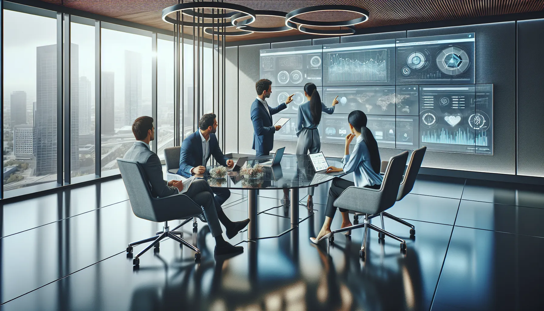 professionals discussing telecommunications in a modern office.