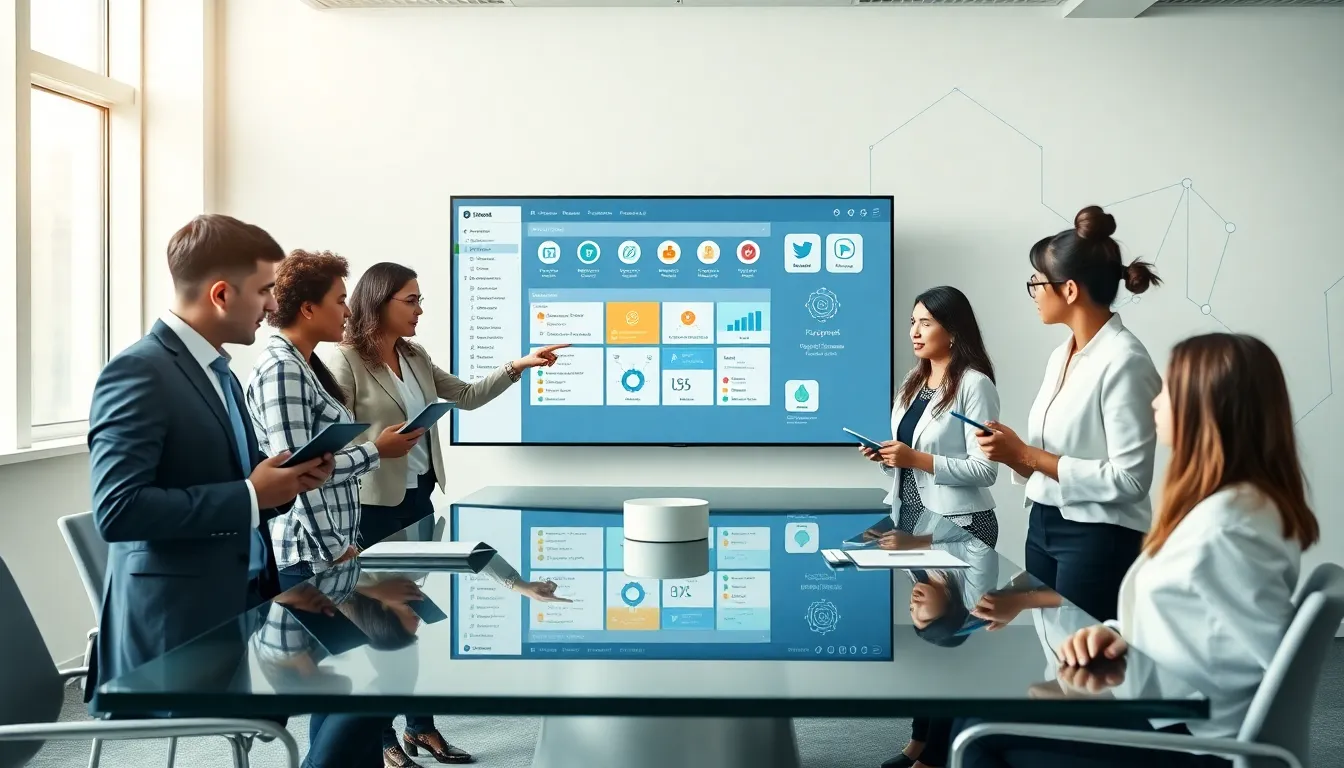 diverse team collaborating in a modern digital workspace.