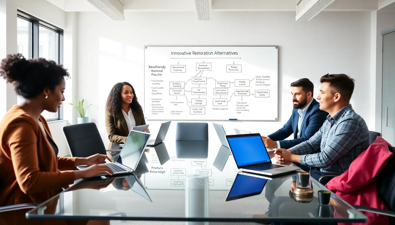 diverse team discussing innovative restoration alternatives in a modern office.
