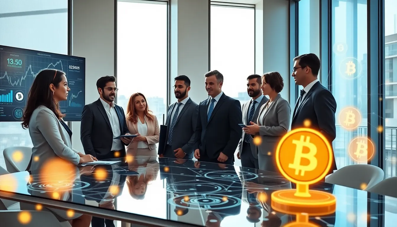 diverse team discussing Bitcoin in a modern office setting.