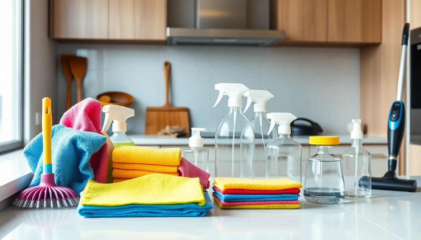 organized kitchen with essential cleaning tools displayed on the counter.