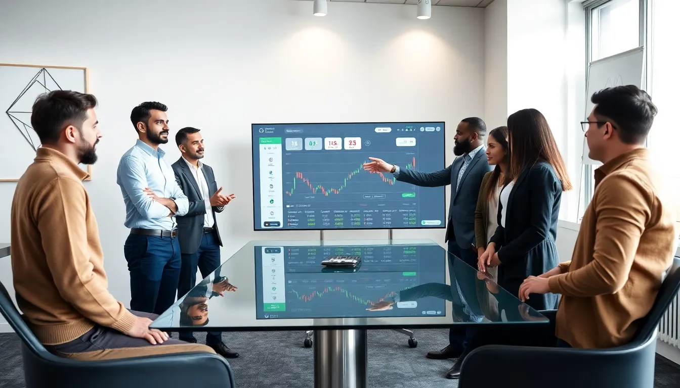 diverse team discussing cryptocurrency in a modern office.