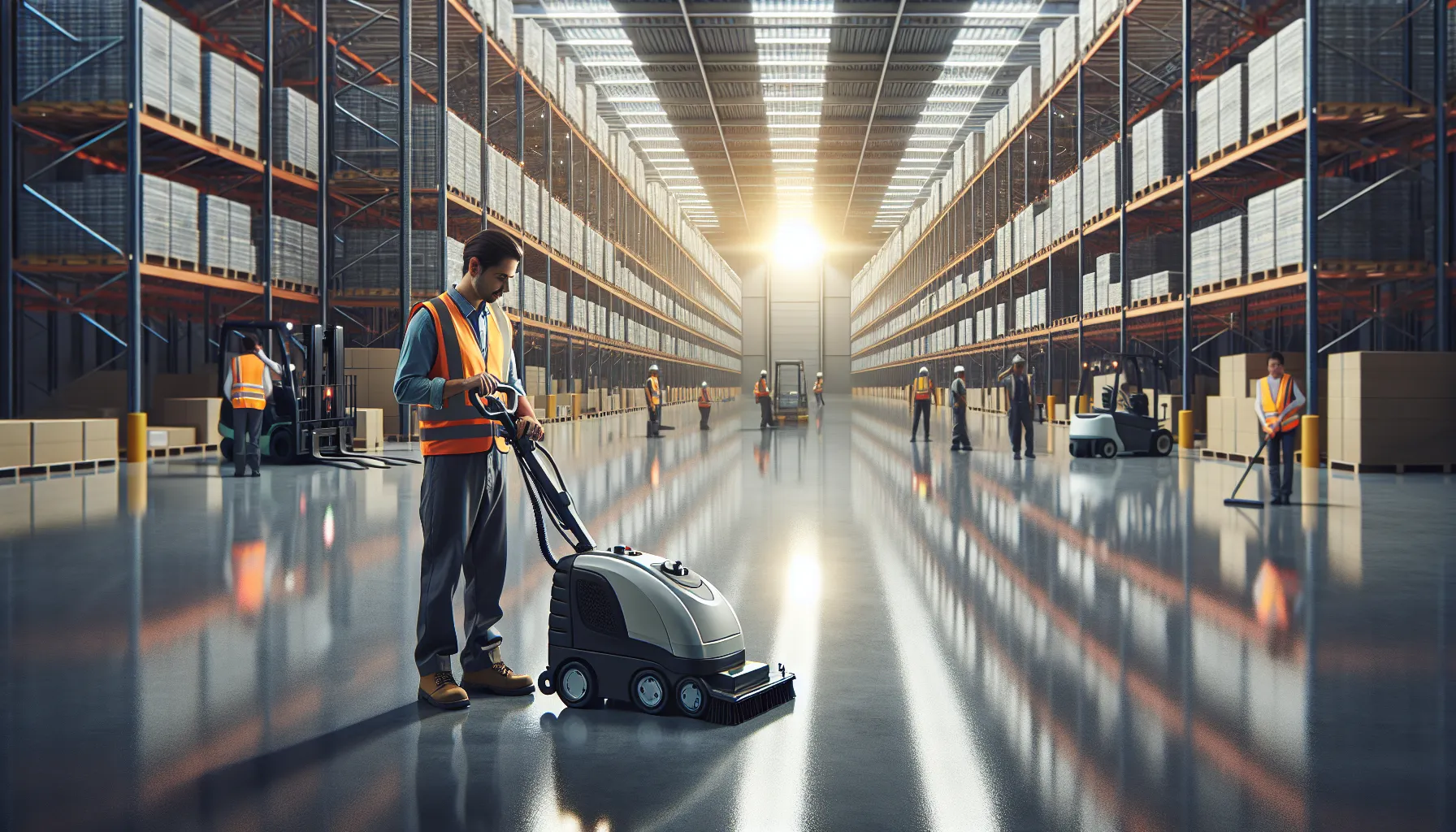 Technician using a floor scrubber in a clean, modern warehouse.