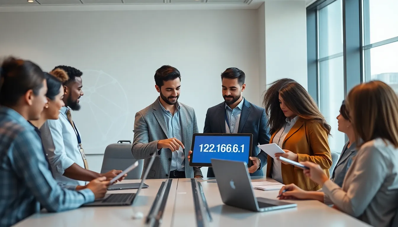 professionals discussing network configurations in a modern office.