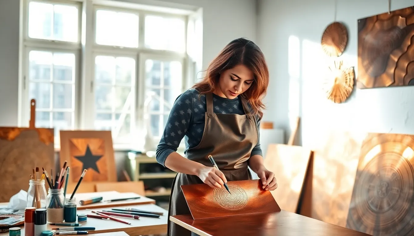 artist working on copper canvas in a modern studio.