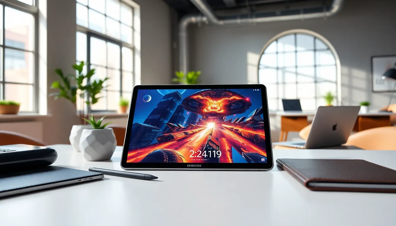 Samsung Galaxy Tab S9 on a modern desk showcasing vibrant visuals.