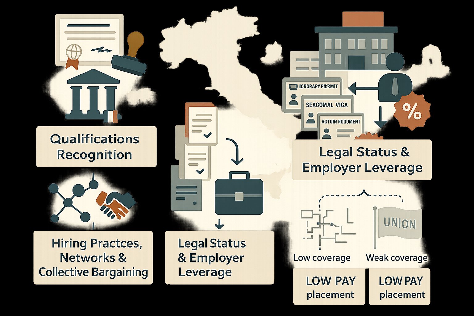 Infografica a tre pannelli che mostra le cause della discriminazione salariale contro i lavoratori stranieri in Italia.