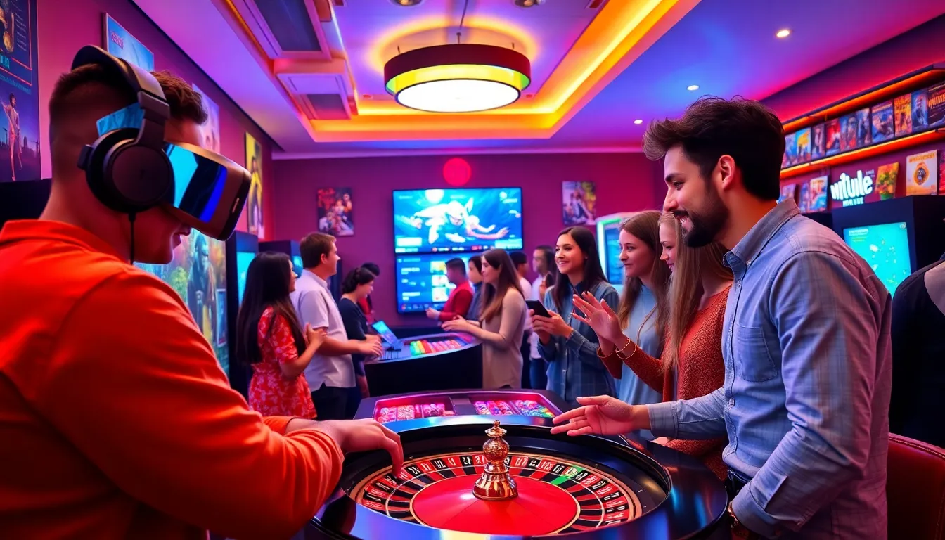 diverse group of gamers enjoying various activities in a modern gaming lounge.