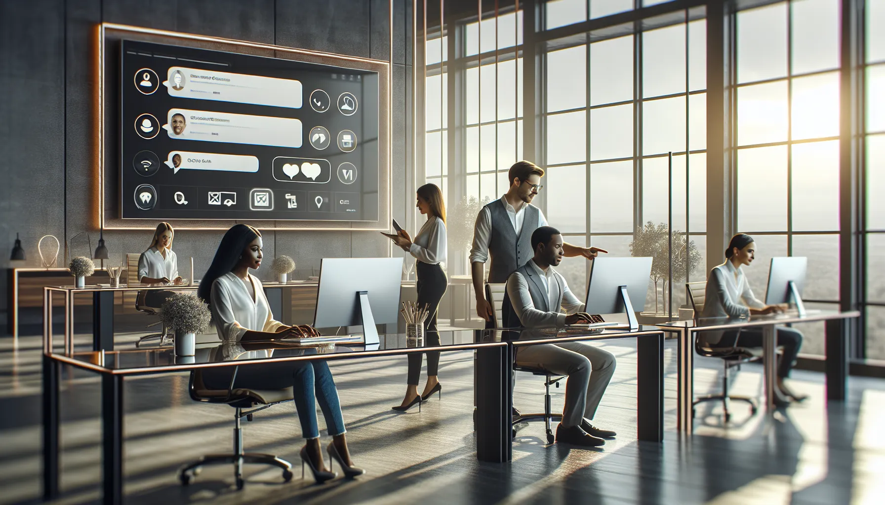 diverse team discussing customer service alternatives in a modern office.