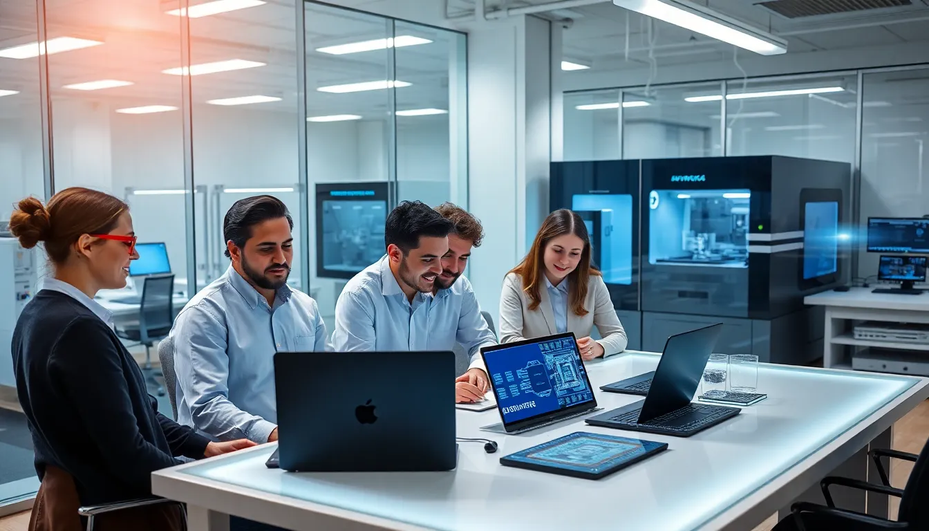 team collaborating on microchip technology in a modern lab.
