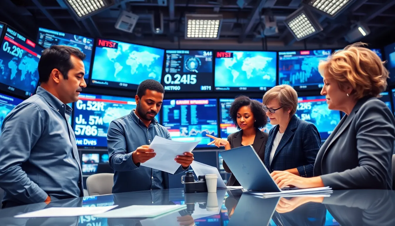 journalists discussing global news developments in a busy newsroom