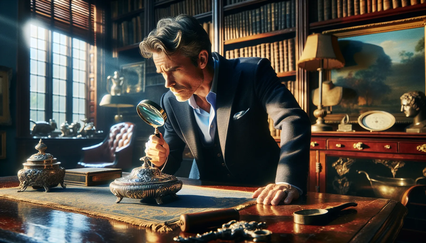 An appraiser examining a vintage silver piece on a wooden table.