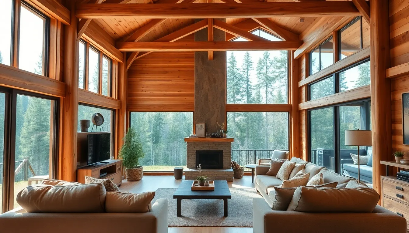 comfortable cabin interior with natural wood finishes and large windows.