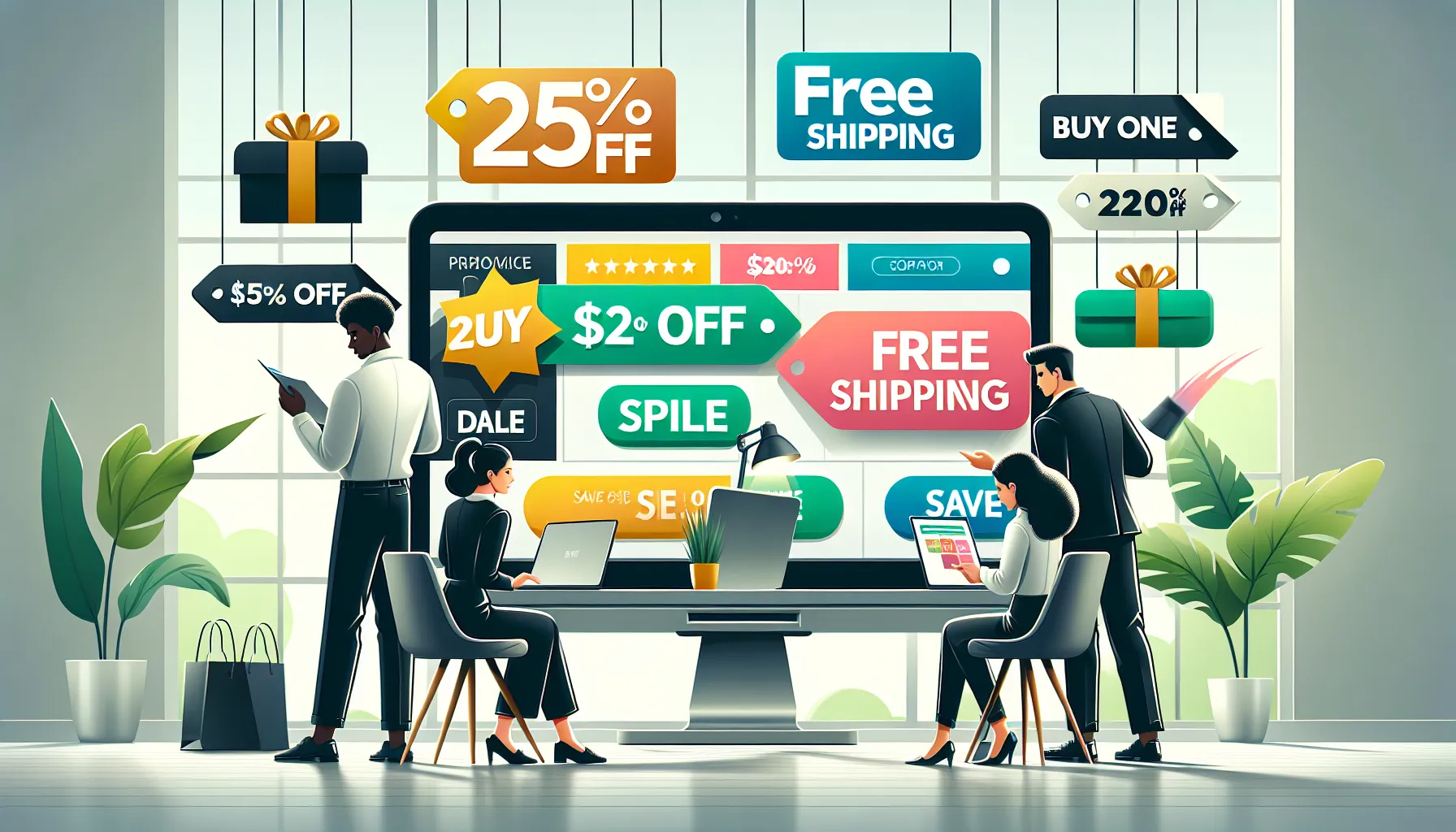 professionals discussing various types of discount codes in a modern office