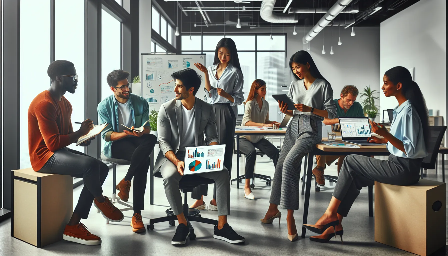 diverse professionals discussing Timestadles Com in a modern office.