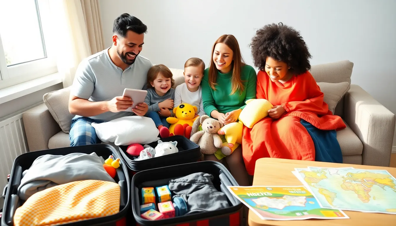 family packing for a vacation in a cozy living room.
