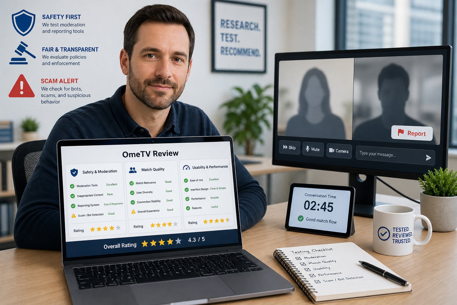 Reviewer analyzing OmeTV safety, match quality, and usability on a laptop dashboard.