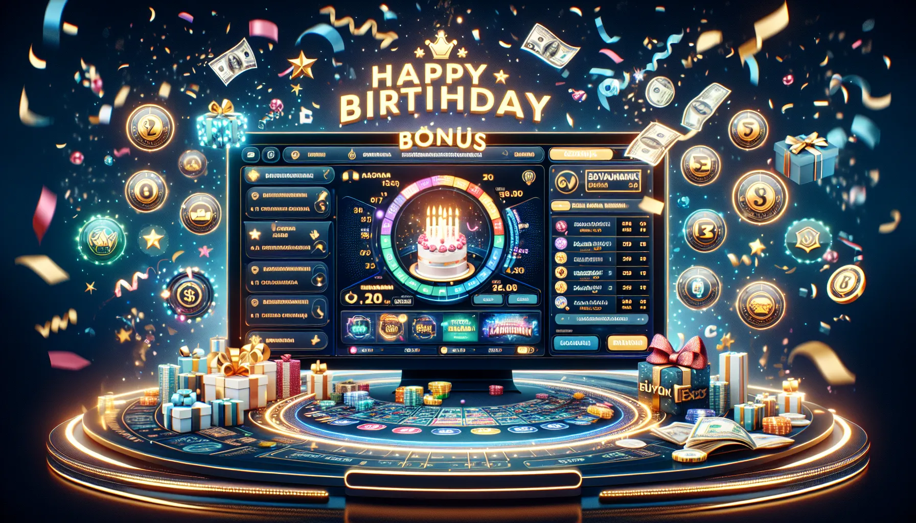 A digital birthday celebration theme promoting an online casino bonus.