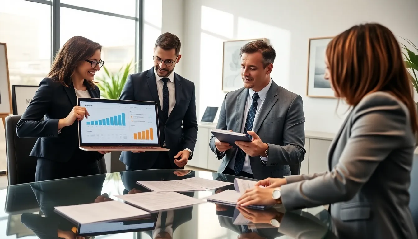 diverse professionals discussing FHA loans in a modern office.