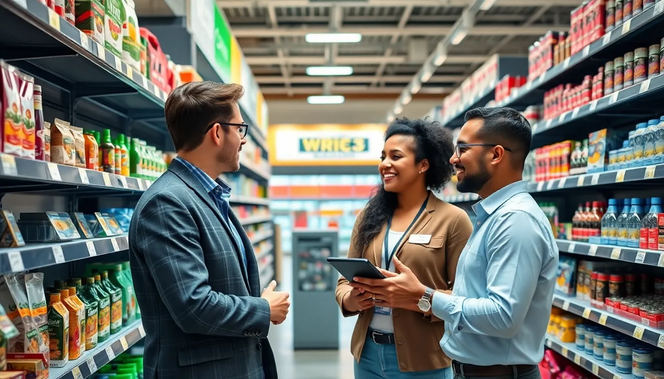 professionals discussing advanced shelf tech system in a retail environment.