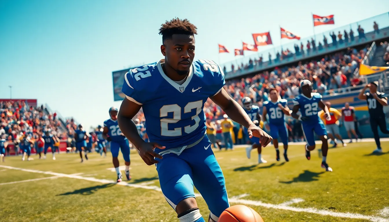 a football player dribbling the ball during an exciting match.