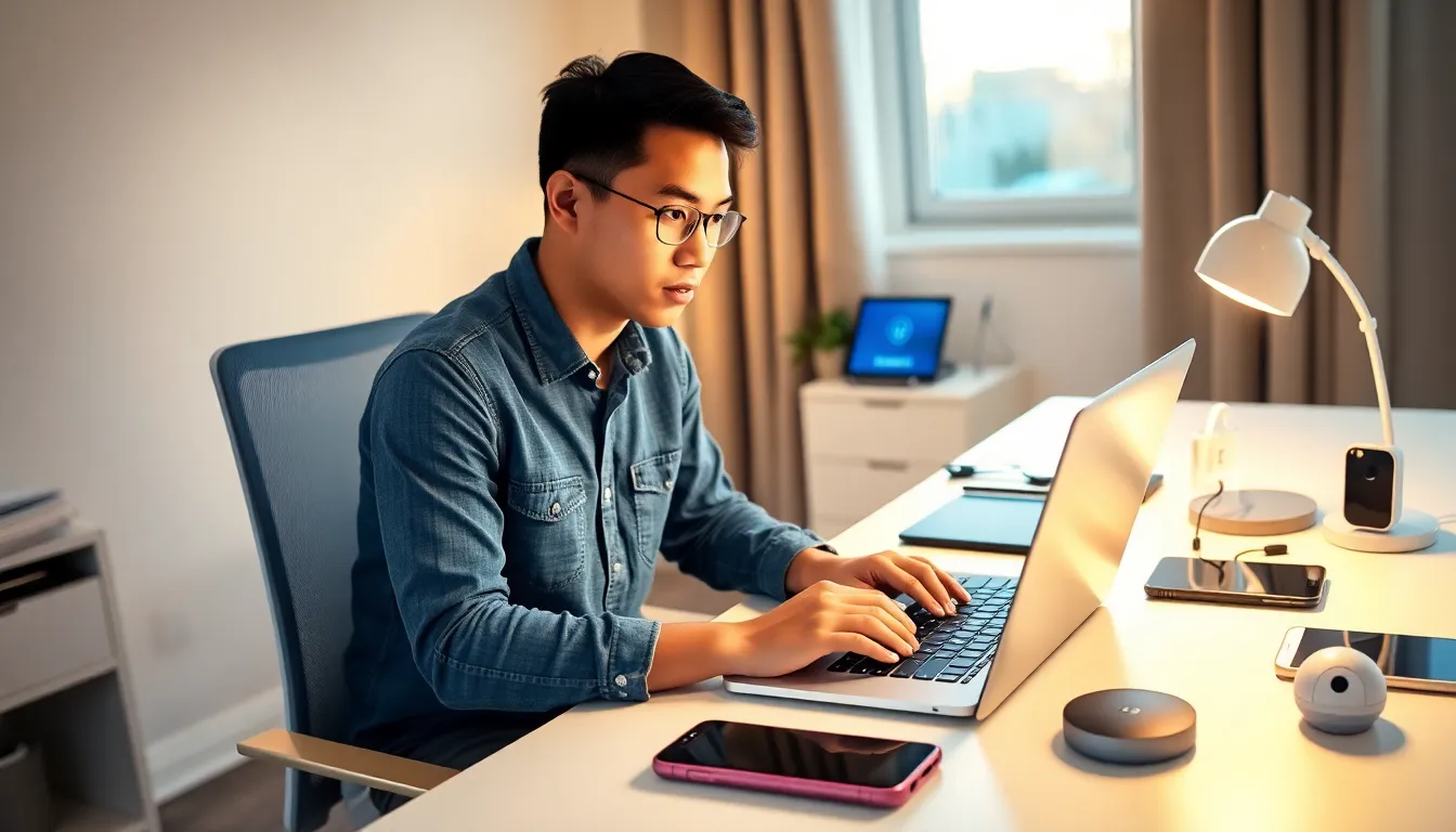 a person using a laptop with password manager in a home office.
